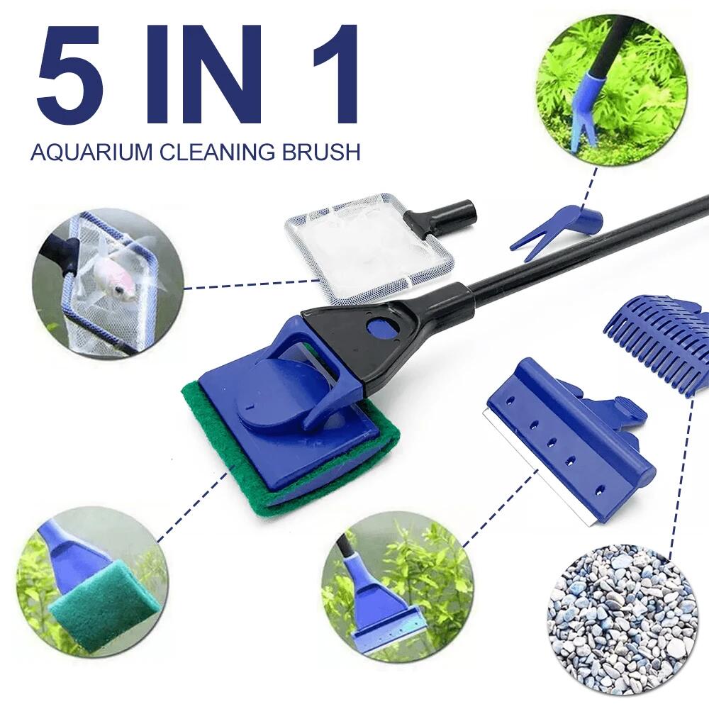 Planted Aquarium With Gravel - 5in1 เครื่องมือทําความสะอาดตู้ปลาพืชช้อนส้อมสุทธิแปรงฟองน้ํากรวดคราดสาหร่าย Scraper